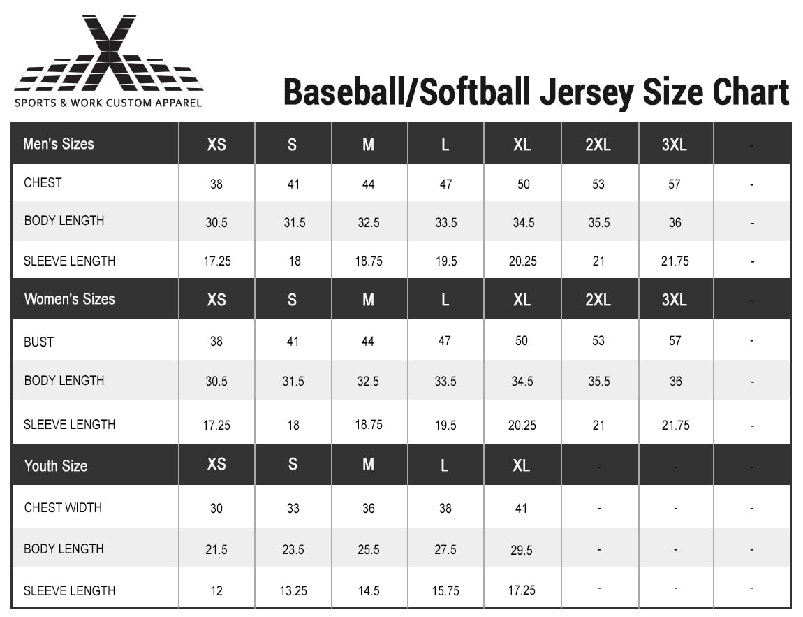 Baseball Jersey Sizes Chart